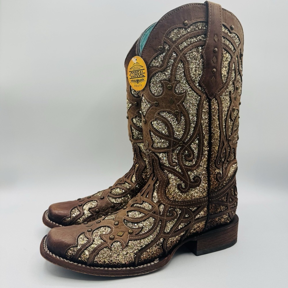 Corral Orix Glitter Inlay‎ Boots Women's Size 11 Brown Leather Gold Studded